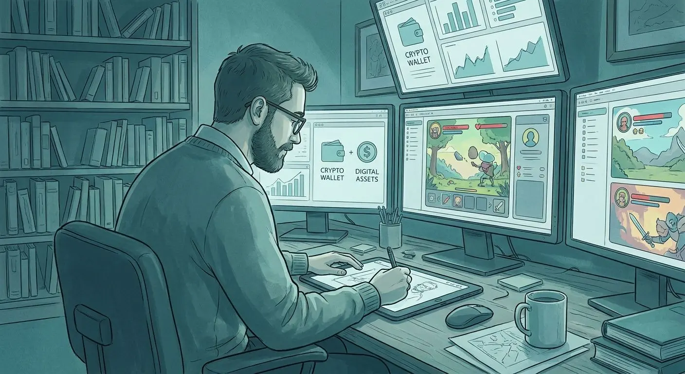 Ilustrační autor analyzující online hry a digitální platby