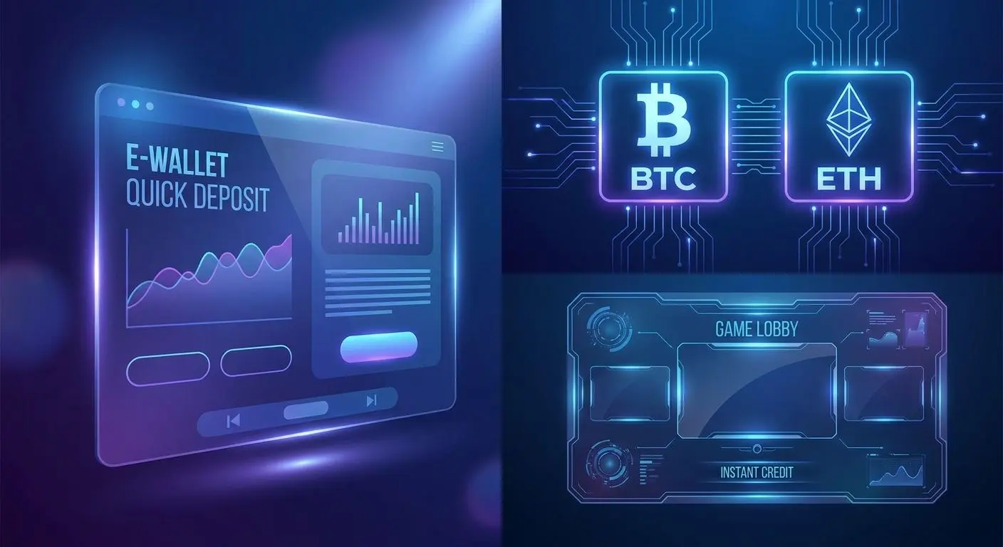 Ilustrace Skrill peněženky vedle kryptoměn a online rozhraní