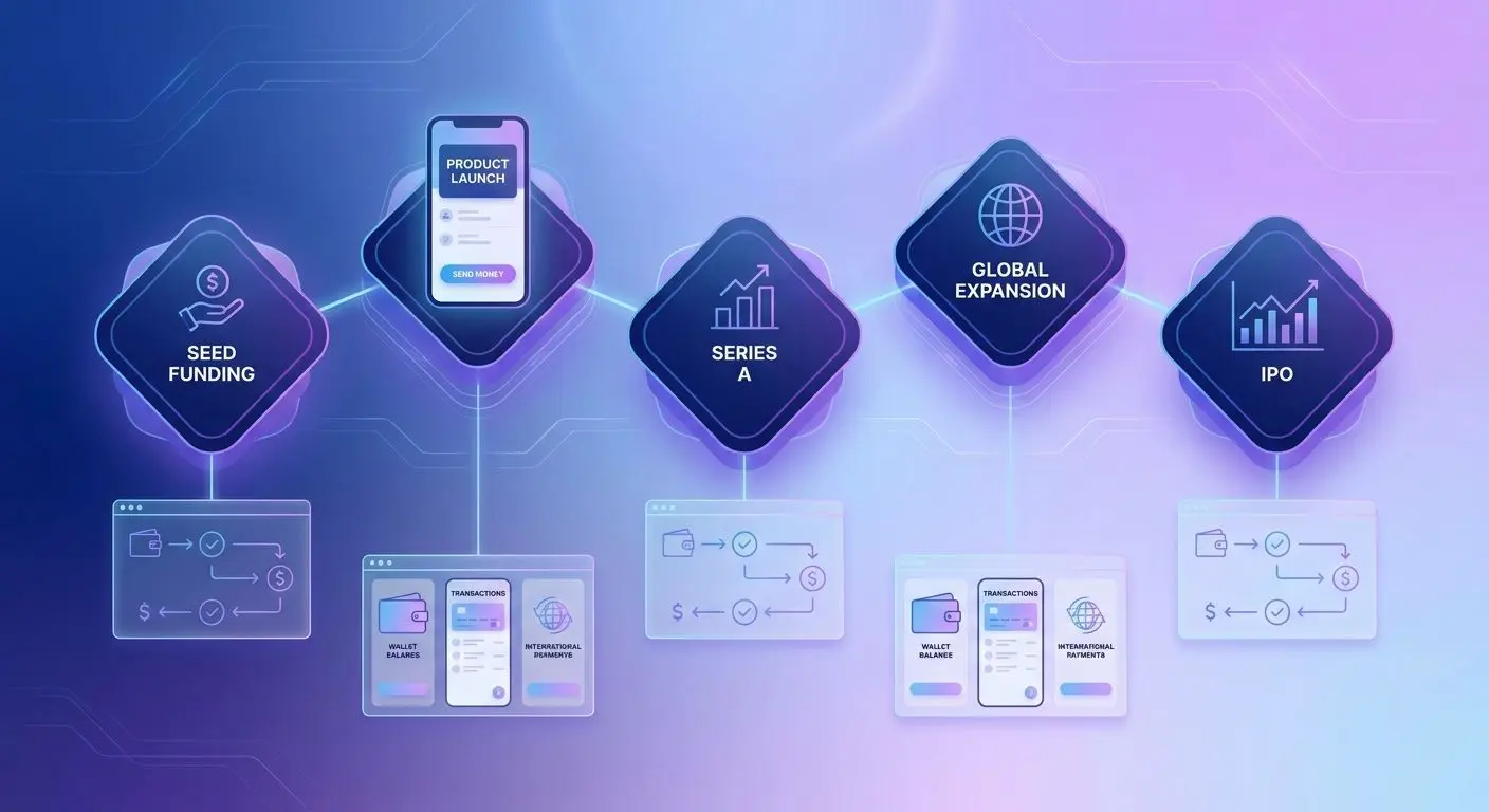 Časová osa růstu značky Skrill v moderním fintech stylu