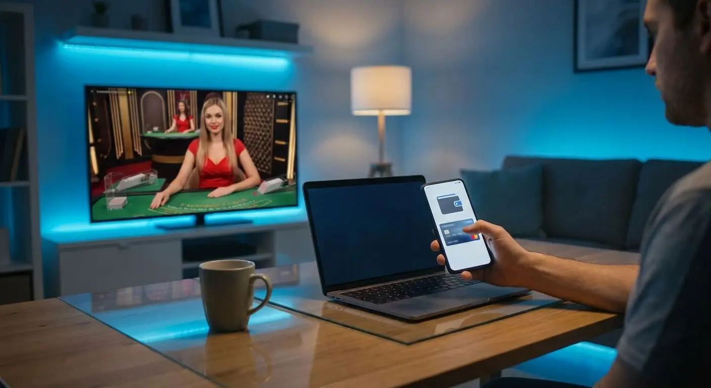 Hráč sleduje live hru na notebooku a mobilu s viditelnou e-peněženkou