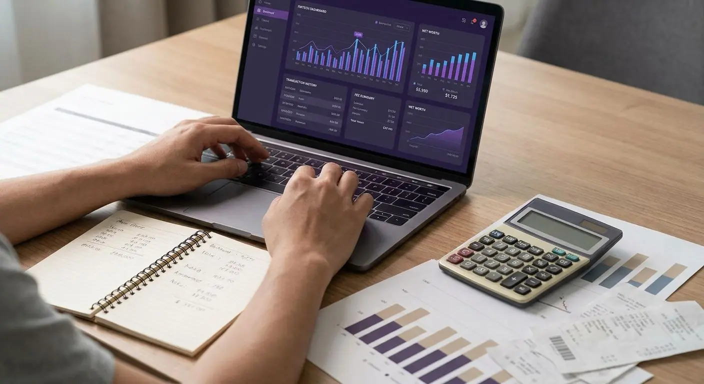 Přehled poplatků a transakcí Skrill na obrazovce notebooku