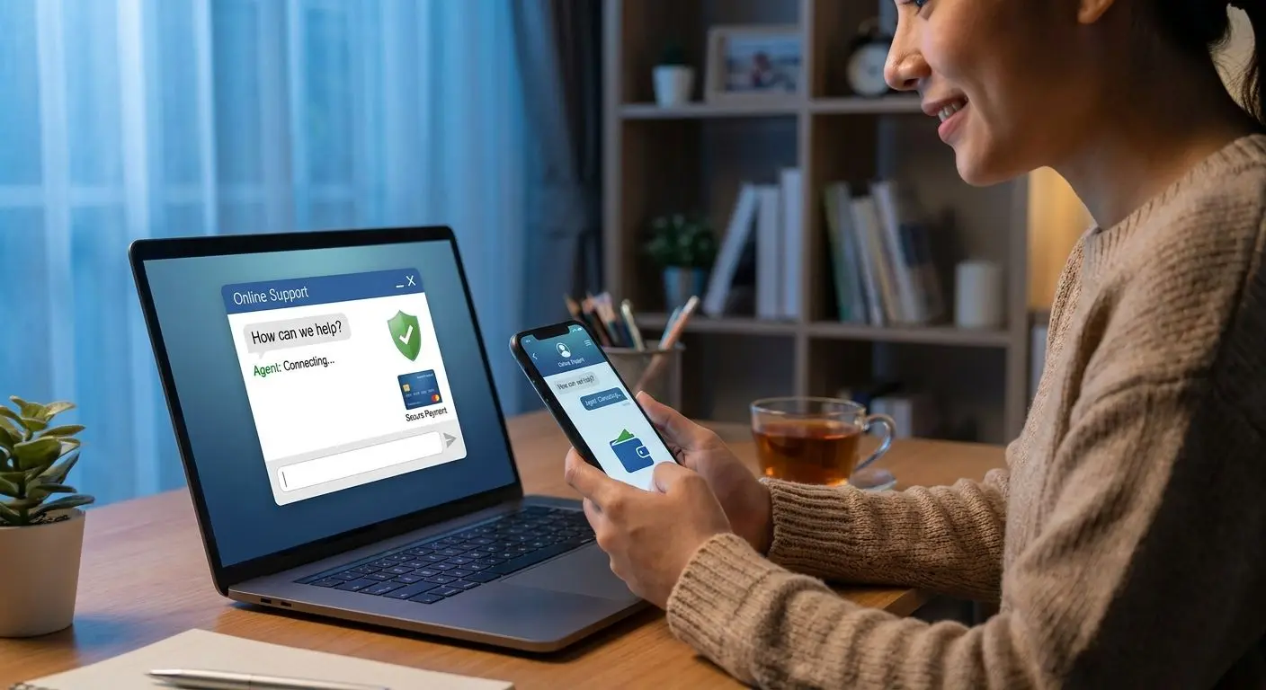 Uživatel komunikuje s online podporou Skrill na počítači a mobilu