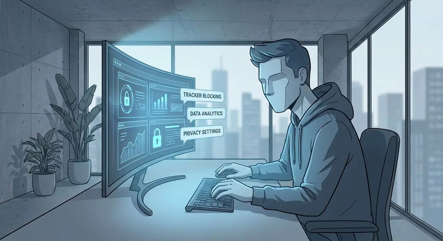 Stylizovaná ilustrace autora analyzujícího data a nastavení soukromí